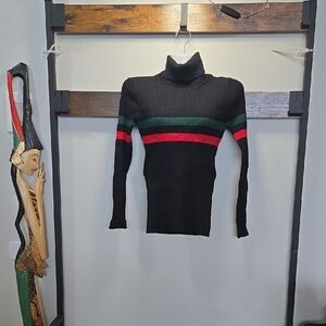 Vince Black Turtleneck Sweater with Red and Green Stripes  (🛍 6/$36)